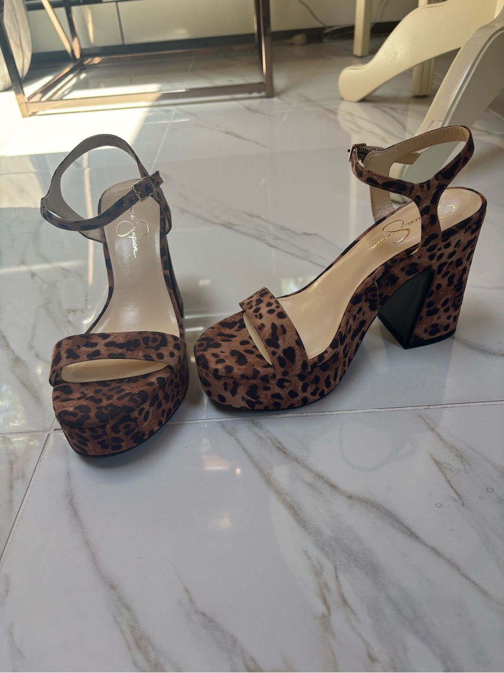 Jessica Simpson Leopard Print Platform Ankle Strap Heels - Brown/Black